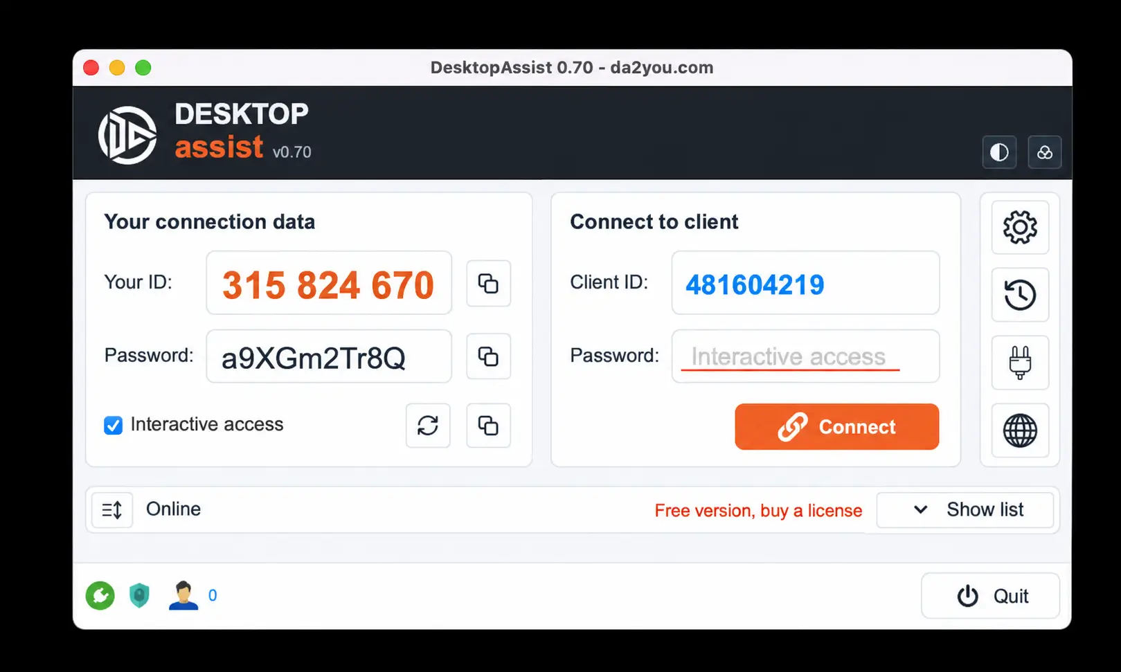 DesktopAssist on macOS: compact window with your ID and password and the connect form.